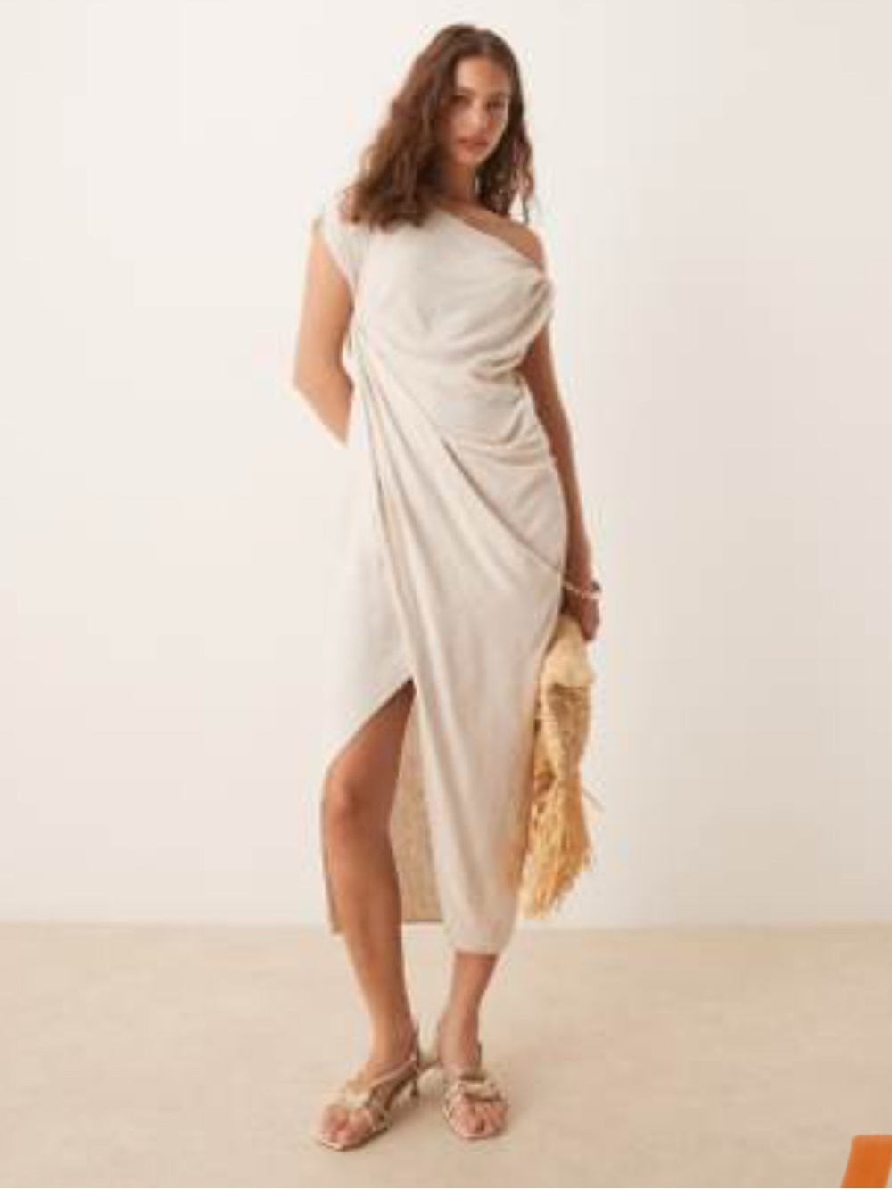 ASOS Linen, Cream One-Shoulder Draped Midi Dress